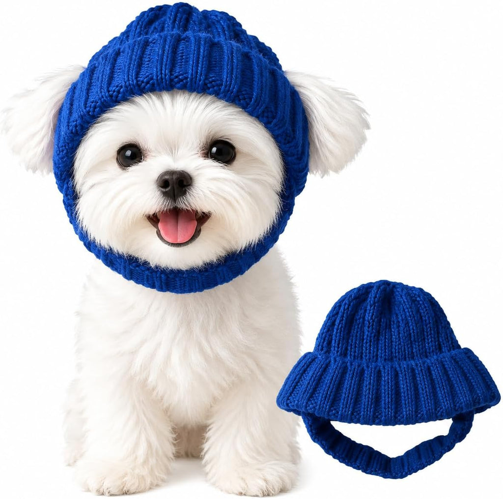 Warm Knitted Dog Beanie Hat with Ear Holes, Stretch Ribbed Winter Pet Headwear with Chin Strap, Cute Cold Weather Dog Ca