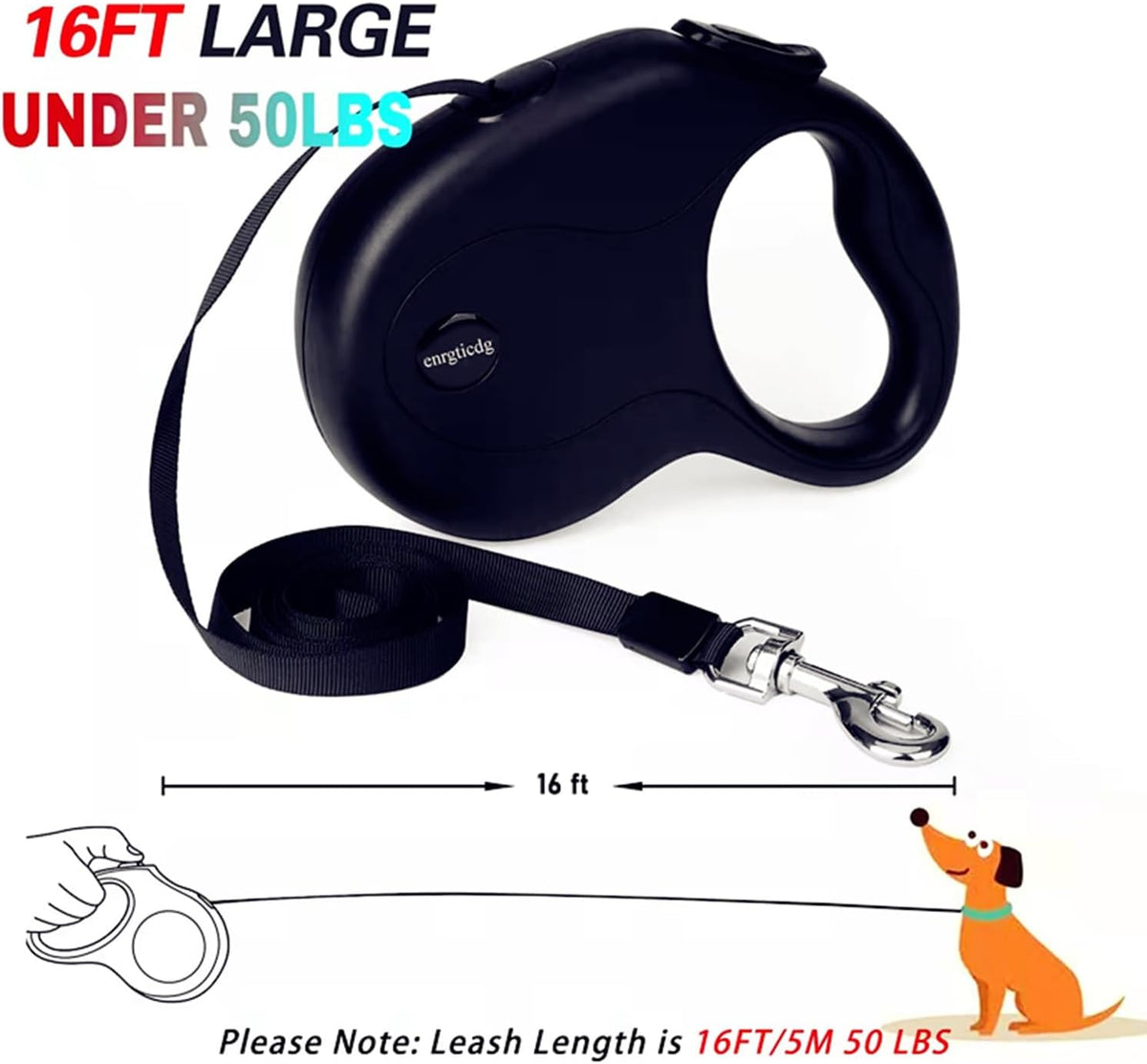 enrgticdg 16Ft Retractable Dog Leash,Light Weight Leash for Small to Medium Dogs/Cats Up to 50lbs,Stainless Steel Spring