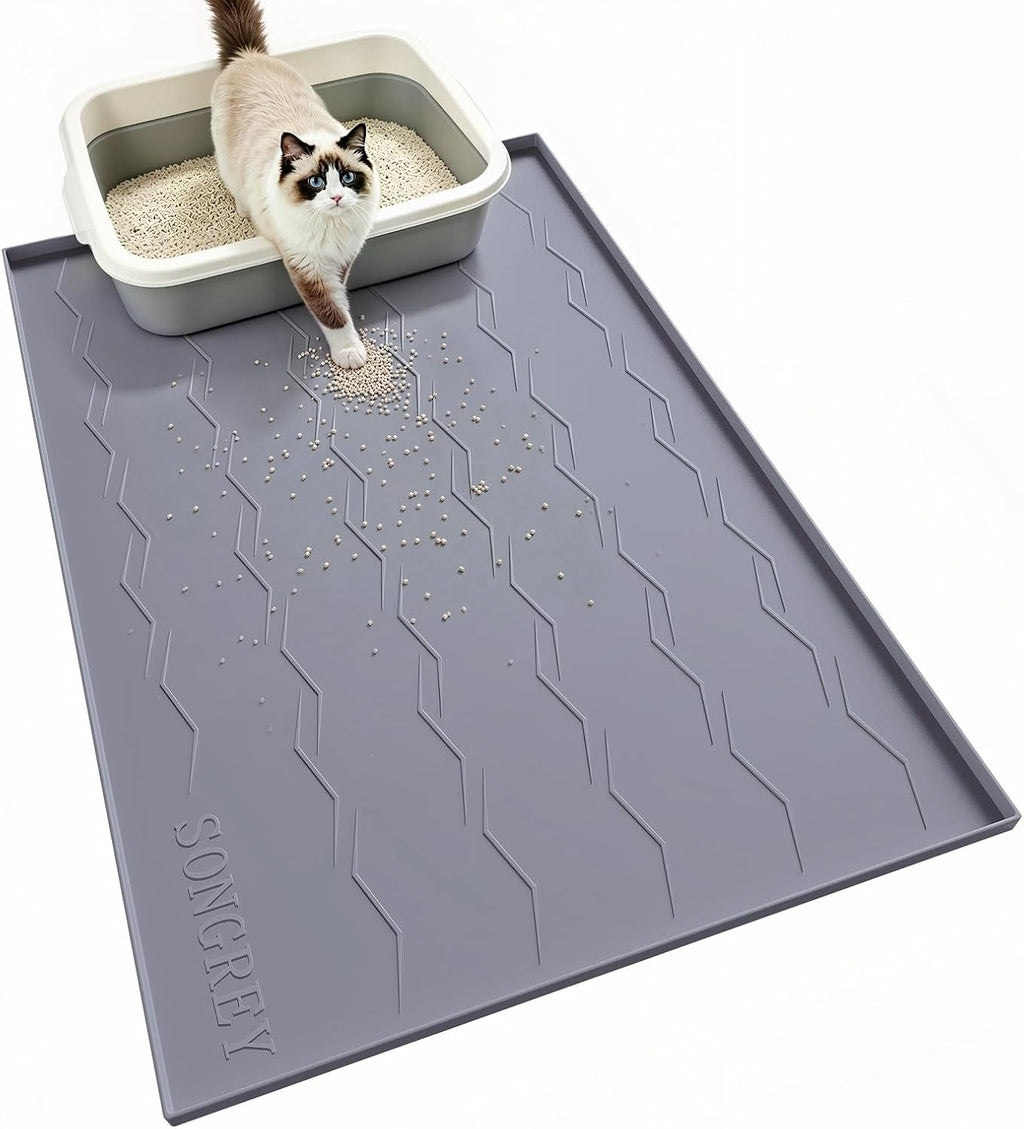 Songrey Silicone Cat Litter Mat 34" x 22", Large Litter Trapping Mat, Gray