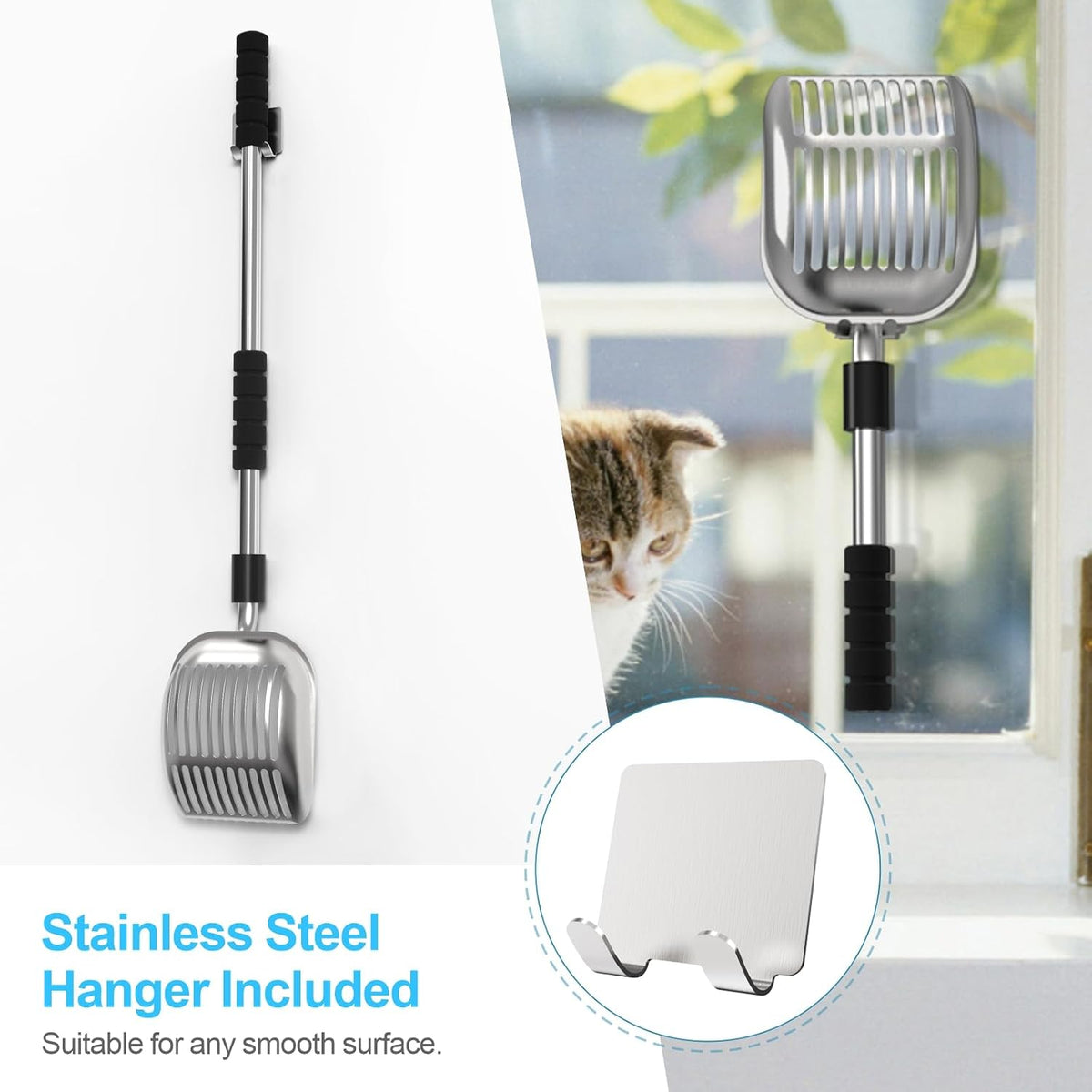Cat Litter Scoop, Long Handle Metal Litter Scooper - No Bending