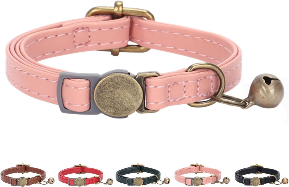 THAIN Leather Cat Collar with Bell Breakaway- Adjustable, Durable, Retro Bell fit Most Cats and Kittens (Brown)