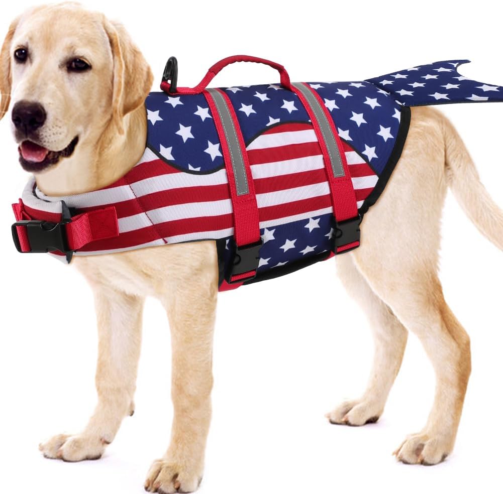 EMUST Shark Dog Life Jackets for Water Safety - Adjustable Ripstop Pet Life Vest with Rescue Handle for Swimming Pool, B