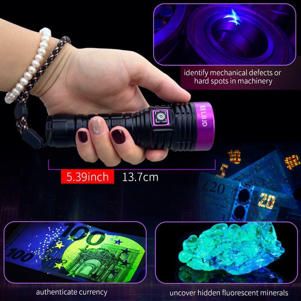 UV Black Light 365 nm Rechargeable Flashlight with Filter for Pet Urine