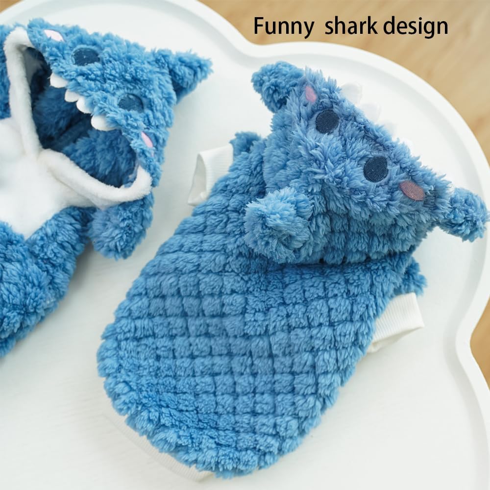 Dog Shark Costume Funny Pet Hoodies for Small Dogs Fleece Puppy Sweatshirt with D-Ring Winter Chihuahua Clothes Cold Wea