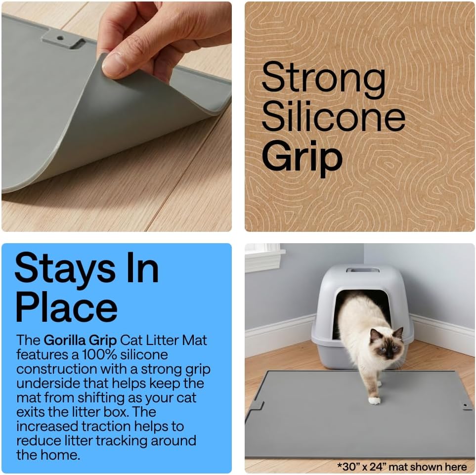 GORILLA GRIP Cat Litter Mat, Easy Clean Silicone Mats, 24x15 Gray