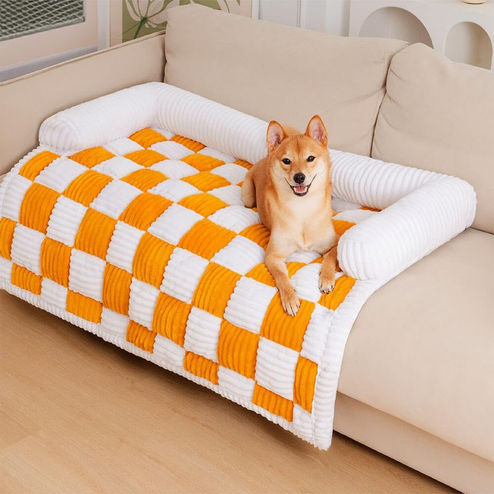 Checkerboard Dog Couch Mat with Bolster, Yellow, 37 x 33 in