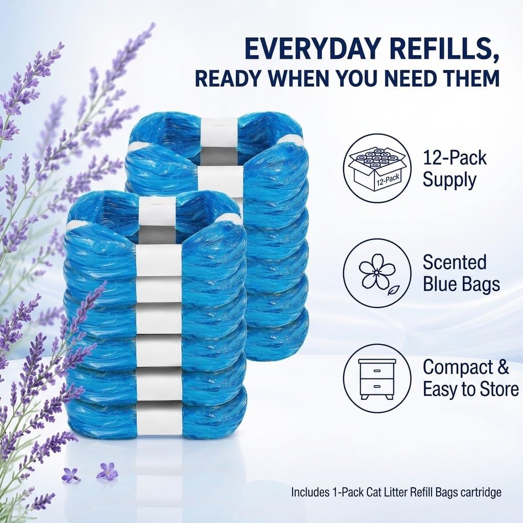 12 Pack Cat Litter Refill Bags,Compatible with Genie Bag Refills, Scented, Blue