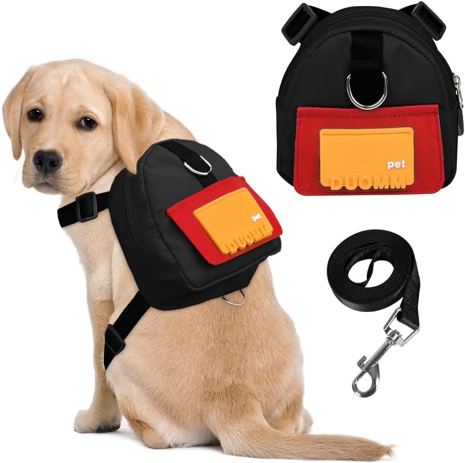 Dog Backpack Harness with Leash,Cute Pet Puppy Backpacks Bulid-in Dog Poop Bag Dispenser,Adjustable Pets Self Carrier Ba