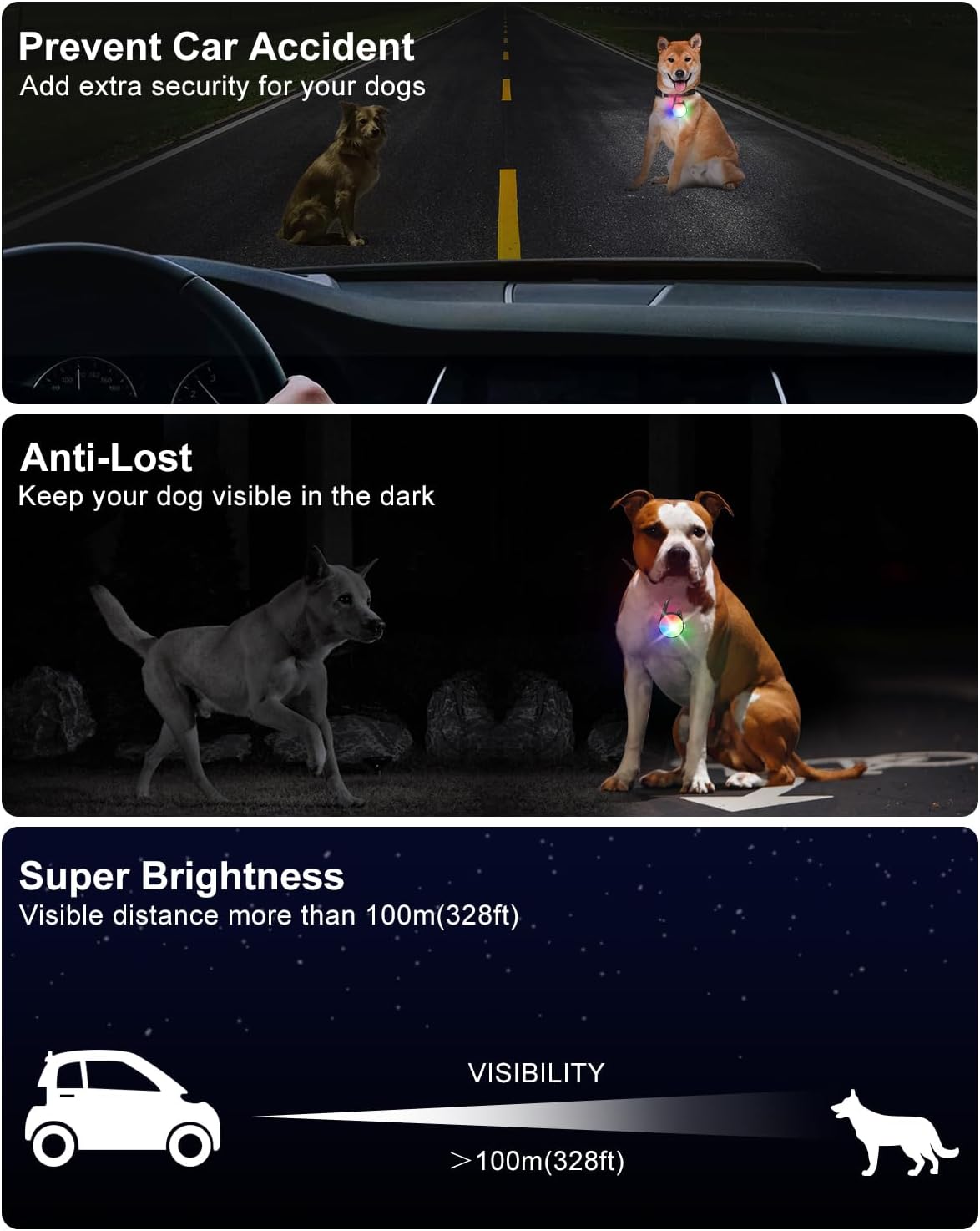 Dog Collar Light for Night Walking Clip On, 4 Modes & Rechargeable, 2 Pack