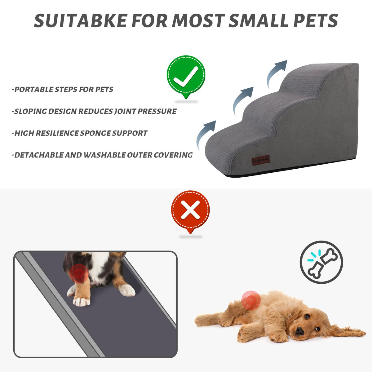 Aodisman Dog Stairs for Small Dogs and Cats,3-Step Pet Ramp for Bed & Couch