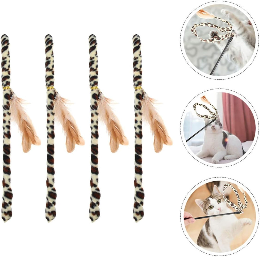 WOONEKY 4pcs Leopard Print Feather Cat Teaser Wand Interactive Plaything