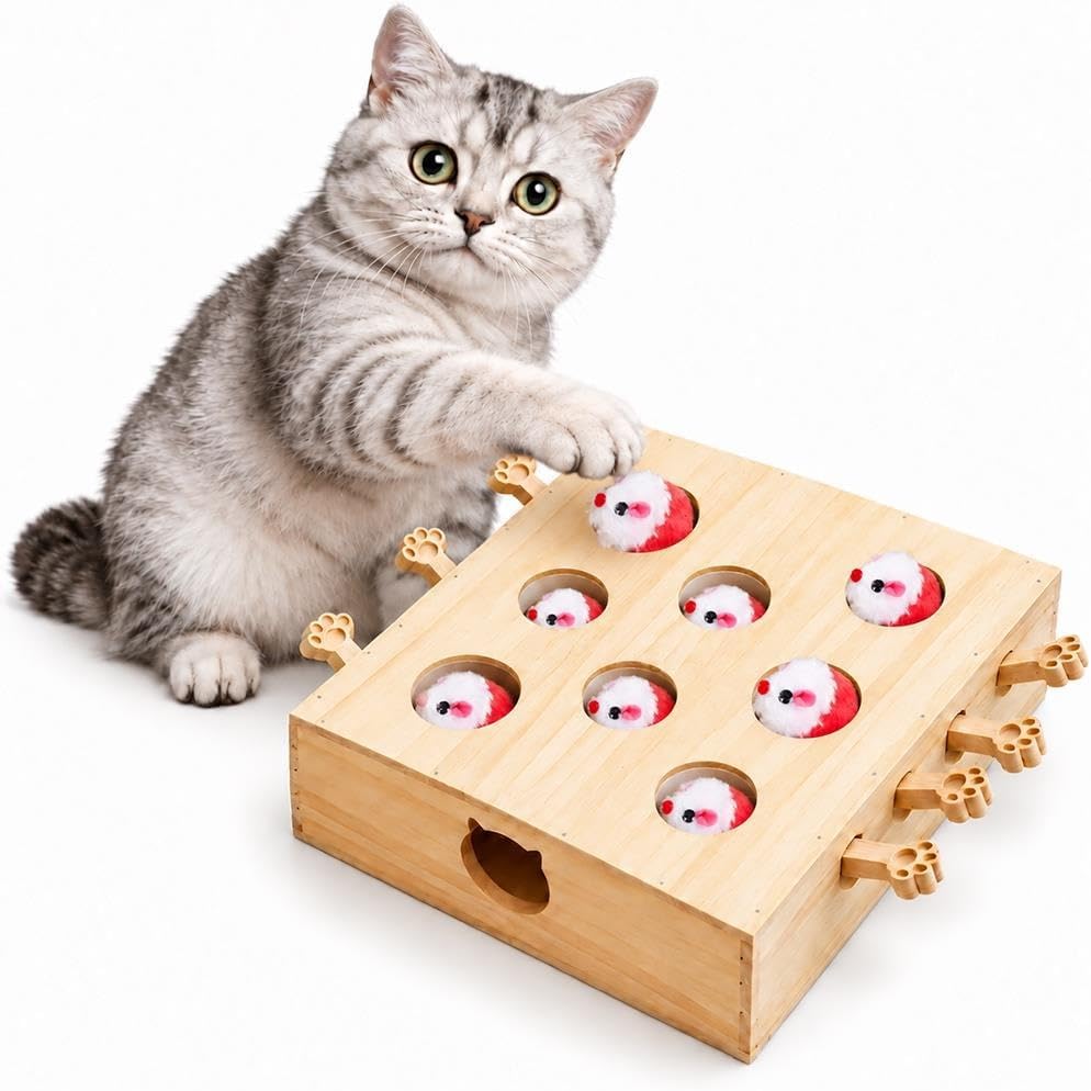 Wooden Whack a Mole Cat Toy Interactive Pop Up Mouse Hunting Game