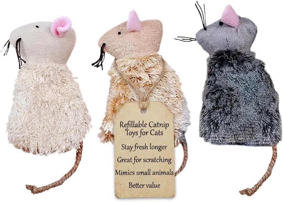 Ipetboom Refillable Catnip Toys for Cats - 3 Pack Interactive Cat Chew Toys for Indoor with Natural Long Fur and Jute Ta