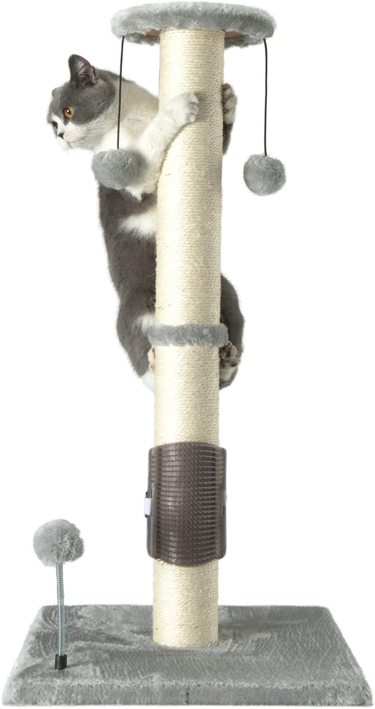 PEEKAB 32" Tall Cat Scratching Post Sisal Scratch Posts,with Hanging Ball and Self-Massage Brush Vertical Scratcher for 