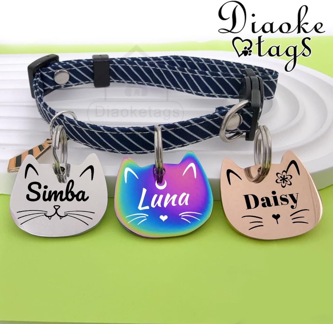 Personalized Cat Head ID Tag, Stainless Steel Engraved Pet Name Tag