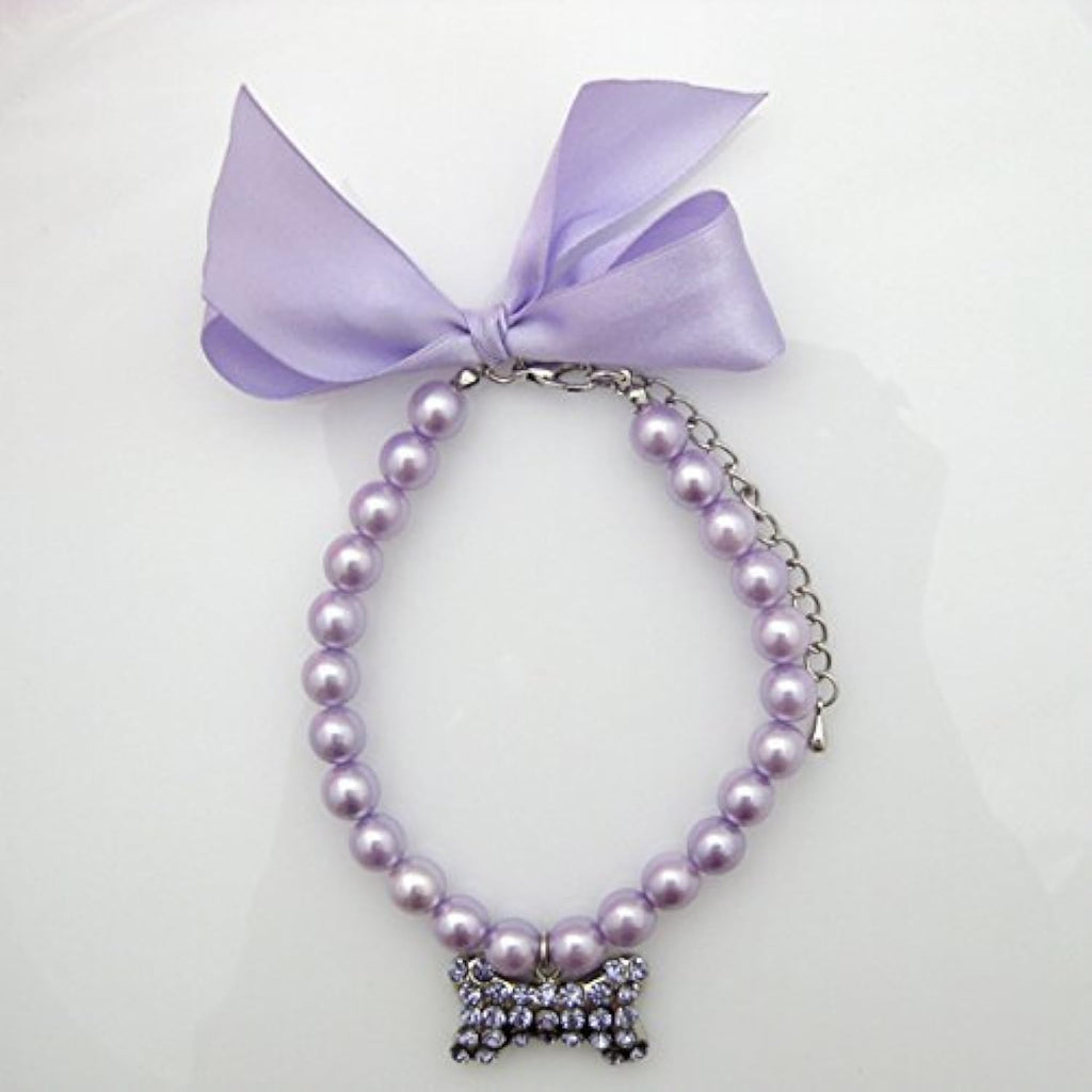 Fancy Pearls Crystal Dog Necklace Jewelry with Bling Rhinestones Big Bone Charm for Pets Cats Small Dogs Girl Teacup Chi