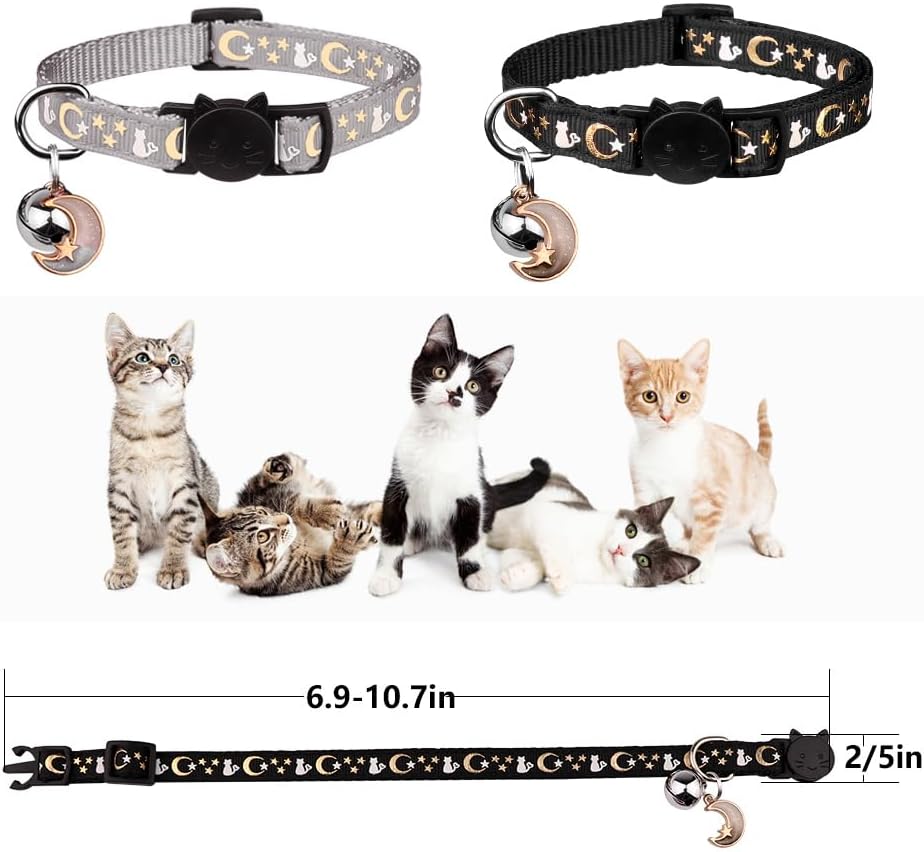 Baeuppit 2PCS Breakaway Cat Collars with Bell Cute Kitty Glow in The Dark Adjustable Kitten Collars(Grey&Black)