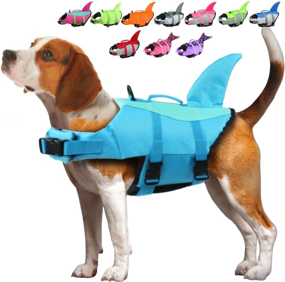 EMUST Shark Dog Life Jackets for Water Safety - Adjustable Ripstop Pet Life Vest with Rescue Handle for Swimming Pool, B