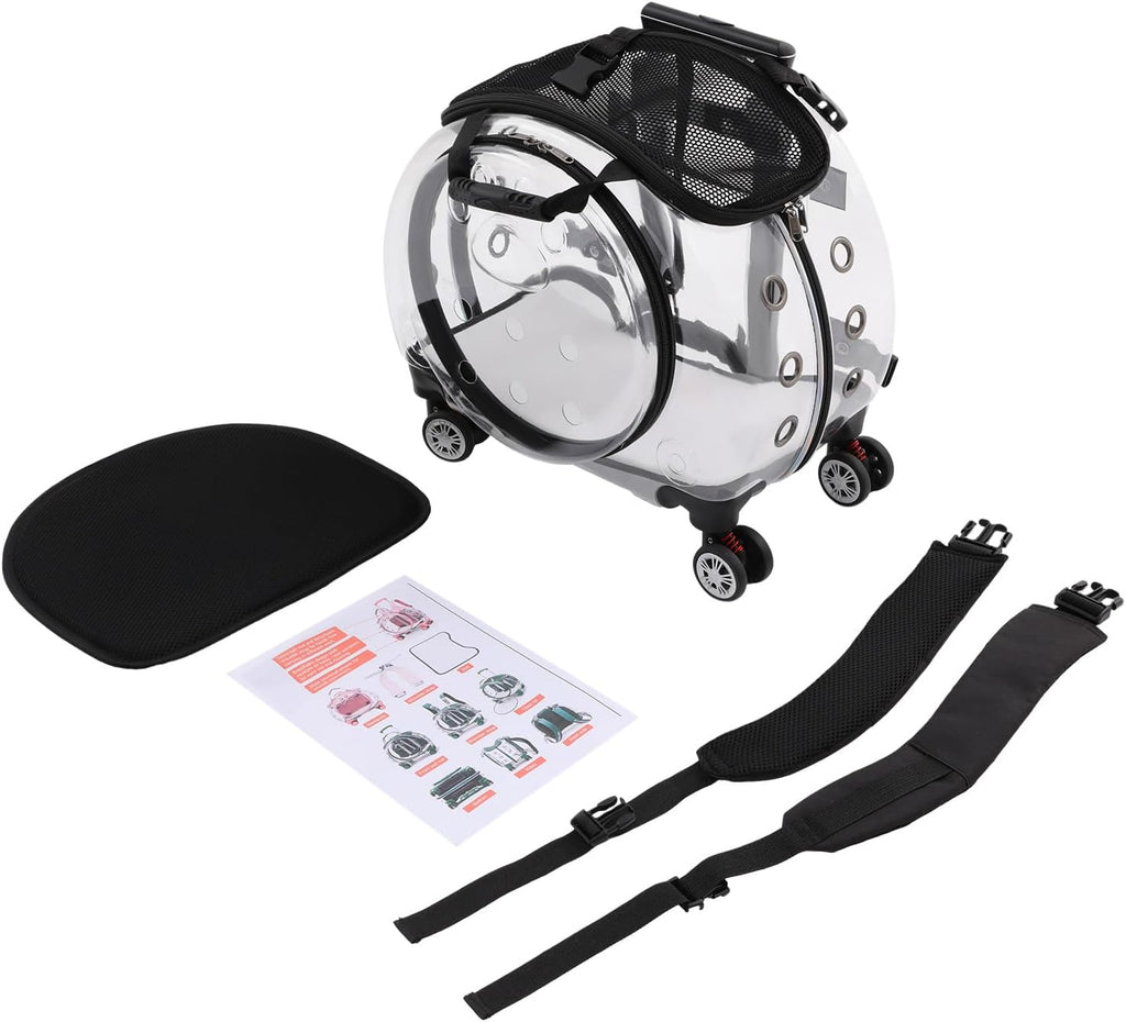 Cat Carrier with Wheels, Transparent Pet Trolley Case Pet Backpack, Black