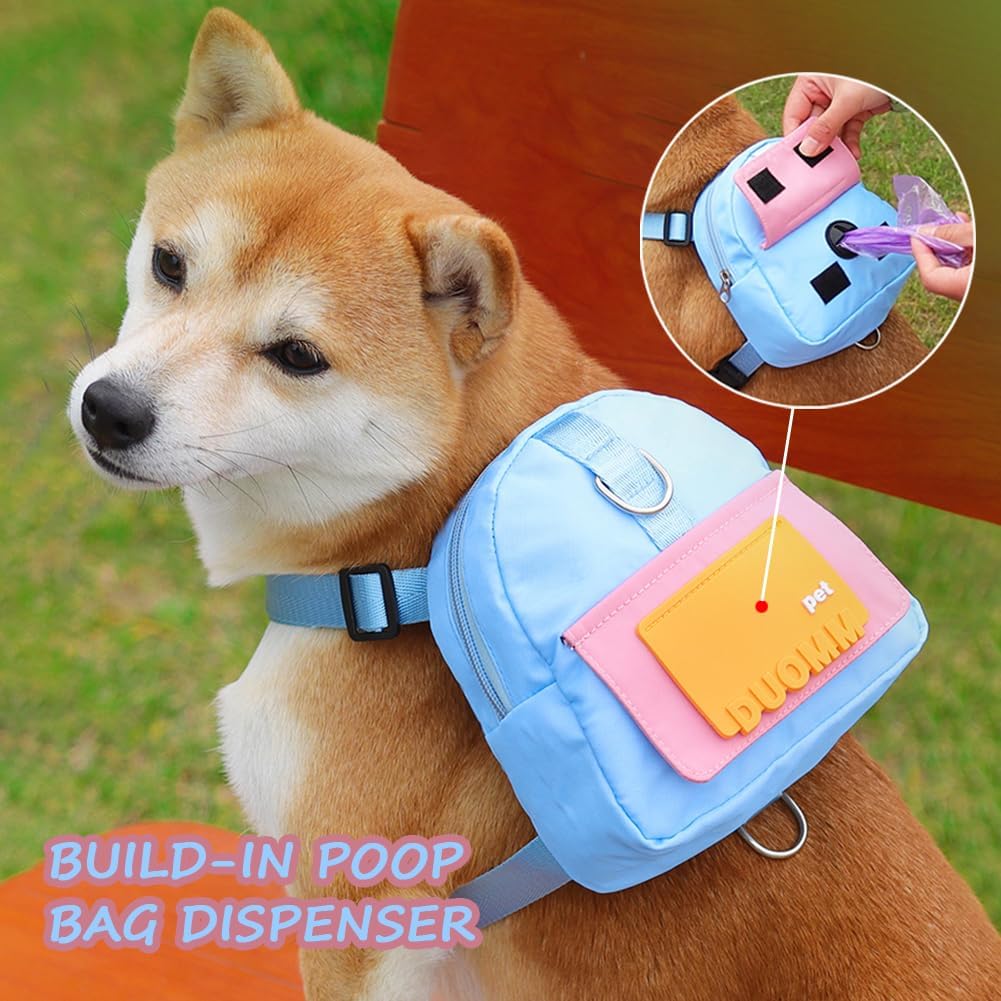 Dog Backpack Harness with Leash,Cute Pet Puppy Backpacks Bulid-in Dog Poop Bag Dispenser,Adjustable Pets Self Carrier Ba