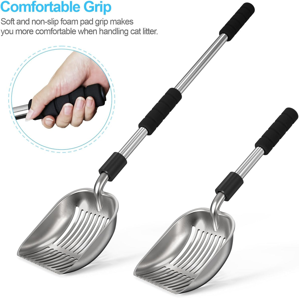 Cat Litter Scoop, Long Handle Metal Litter Scooper - No Bending
