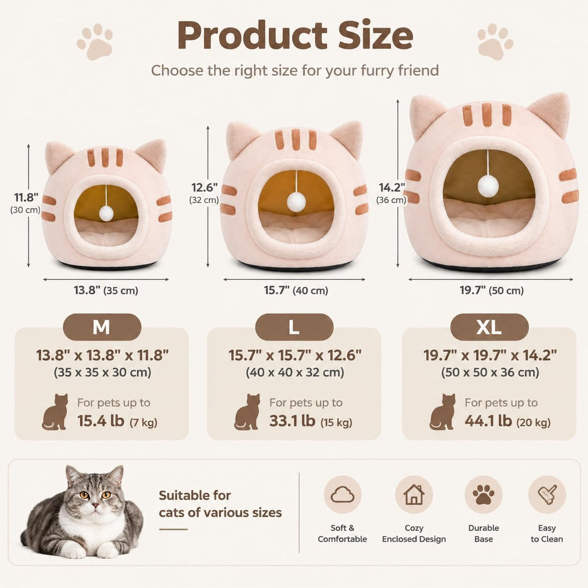 Cat Bed Cave Enclosed Cat Beds for Indoor Cats, Washable Covered Hideaway (Light Pink, L)