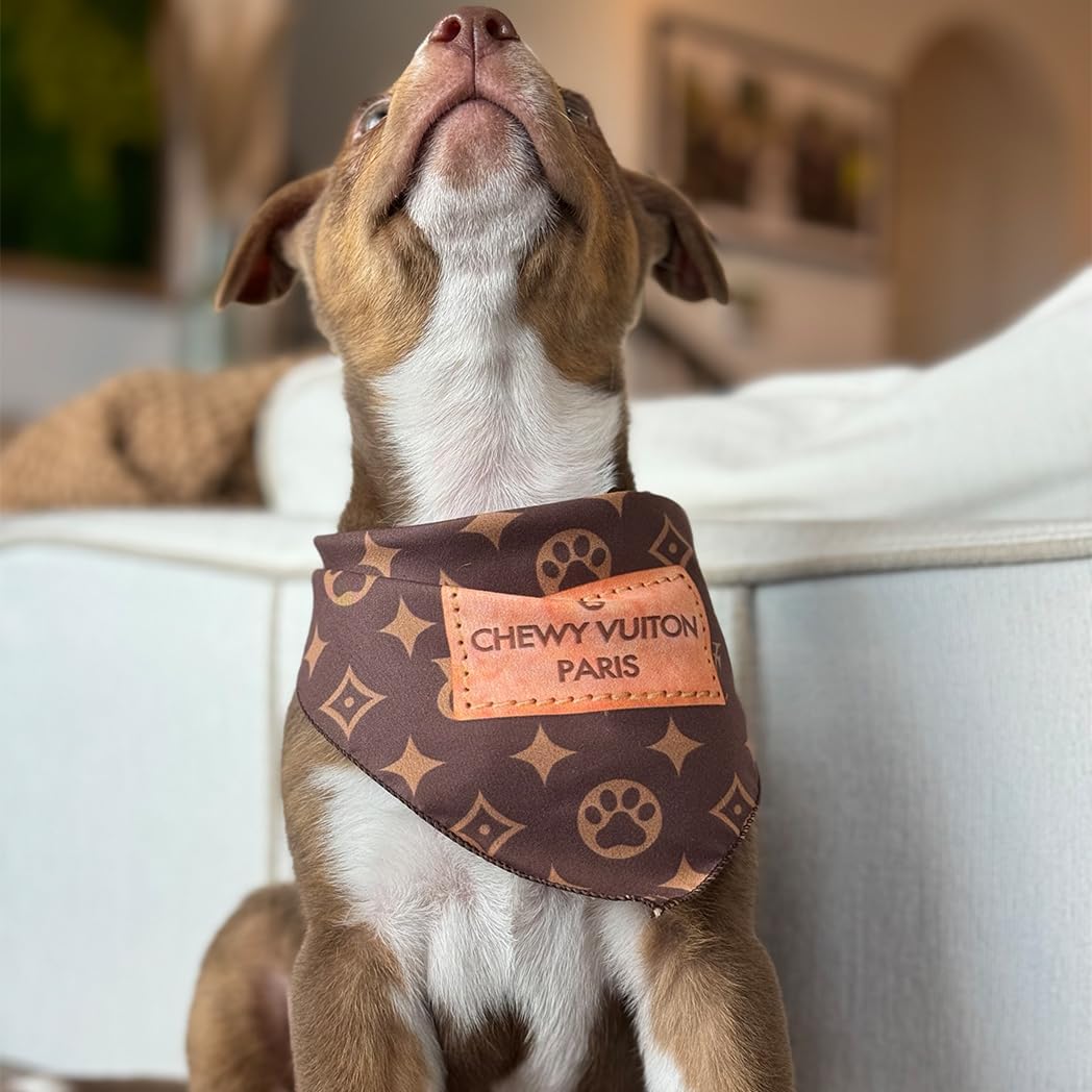 Chewy Vuiton Dog Bandana Designer Fashion Scarf Kerchief for Small Medium and Large Dogs, Funny Parody Gift for Girl or 