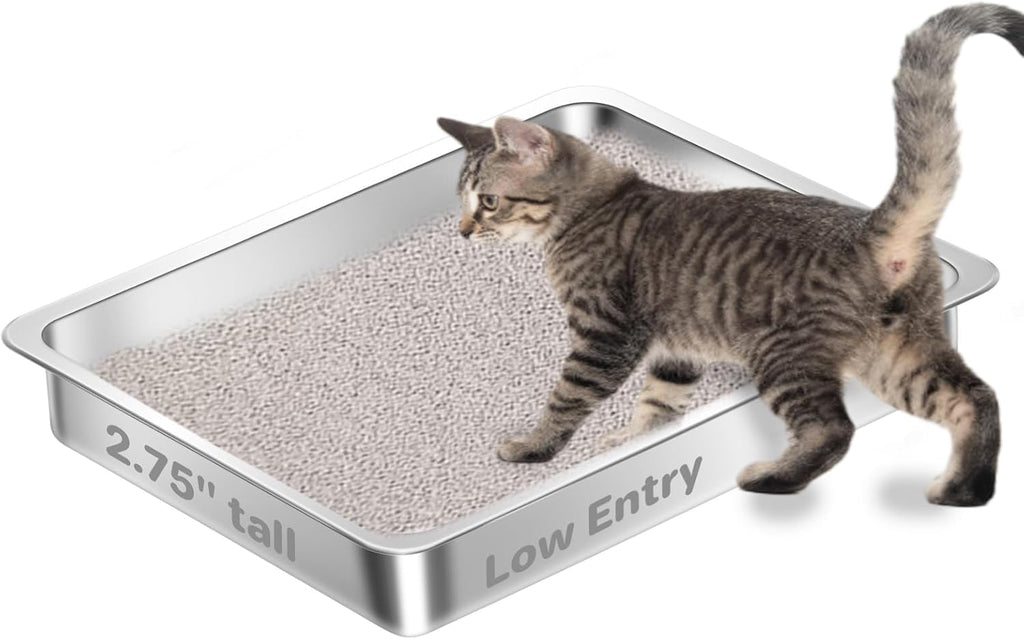 Low Entry Stainless Steel Cat Litter Box for Kittens Small cat, Metal Shallow Kitty Litter Box, Easy Access Kitty Litter