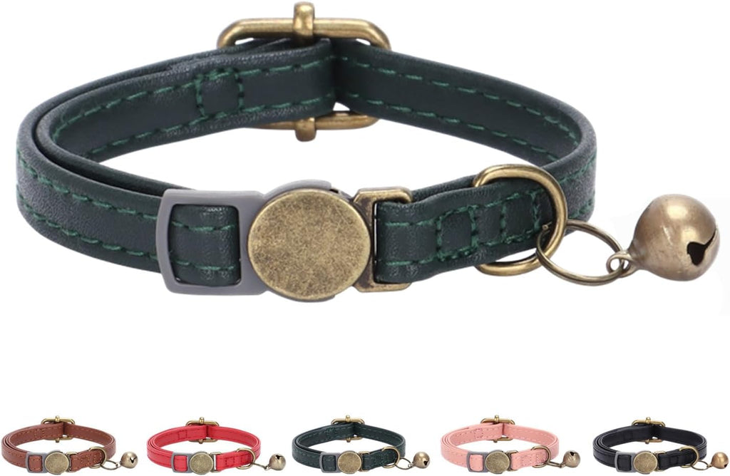 THAIN Leather Cat Collar with Bell Breakaway- Adjustable, Durable, Retro Bell fit Most Cats and Kittens (Brown)