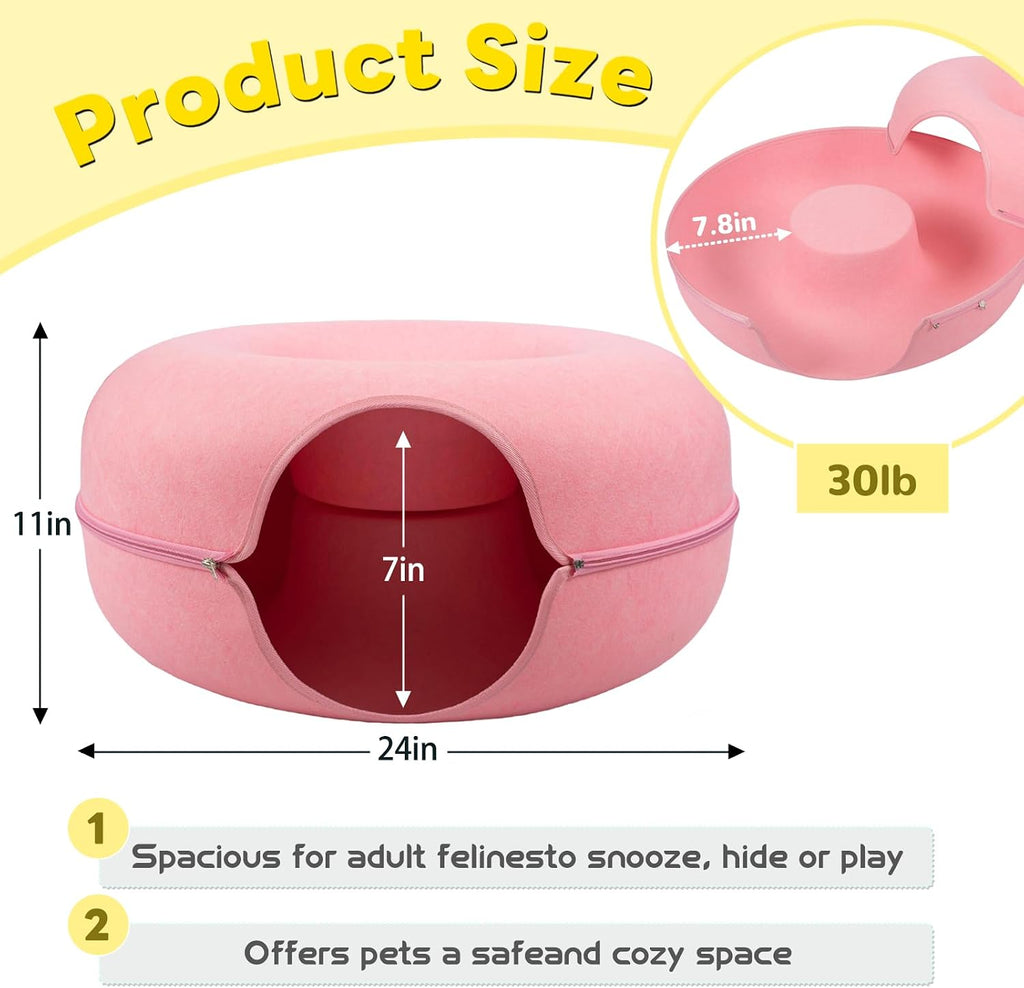 Large Peekaboo Cat Cave Donut Tunnel 24" for Indoor Cats, Pink