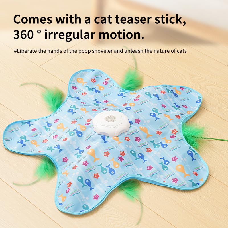 AQPU Rechargeable Automatic Cat Toy, 3-Mode Touch-Activated Interactive Toy with Random Motion, Concealed Feather & Squeaky Sound for Indoor Cats & Kittens (Blue)