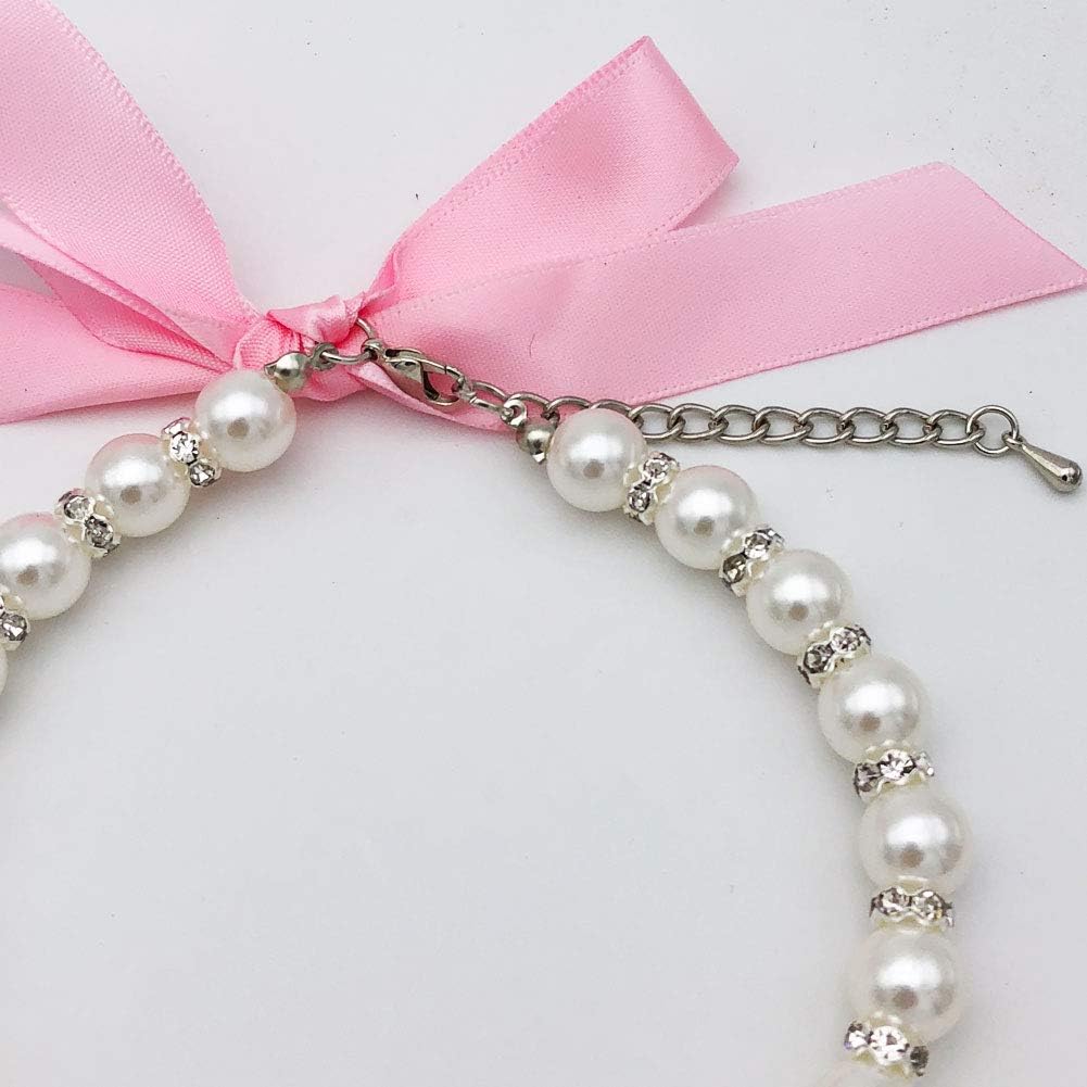 Pearl Crystal Dog Necklace Collar Jewelry for Small Dogs Puppy, Bling Cat Wedding Collar with Rhinestones Charm, Chihuah