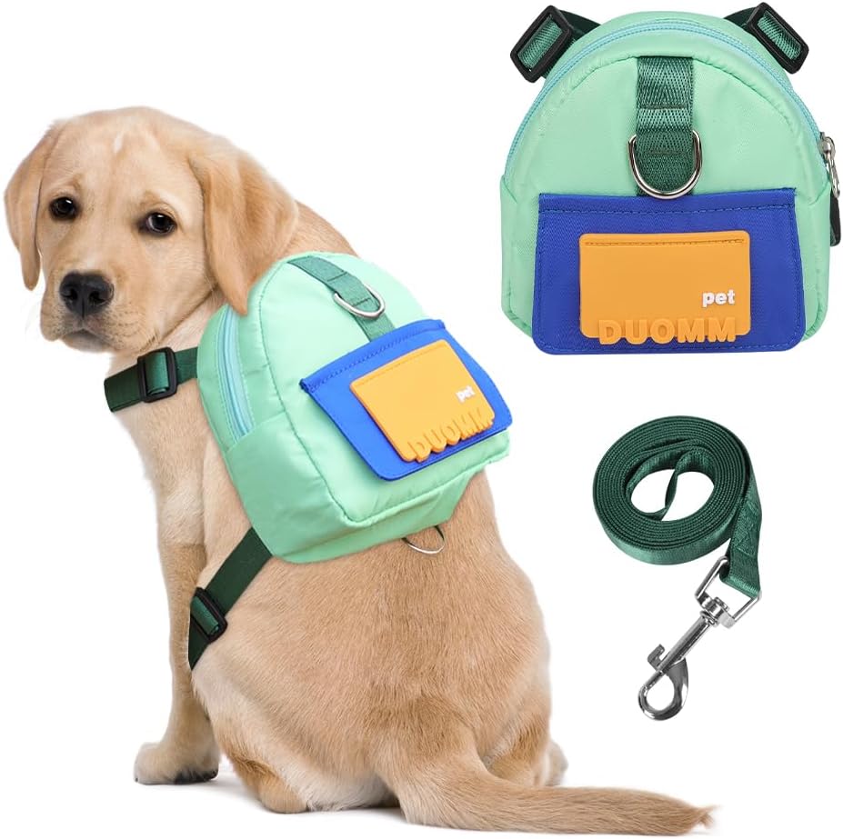 Dog Backpack Harness with Leash,Cute Pet Puppy Backpacks Bulid-in Dog Poop Bag Dispenser,Adjustable Pets Self Carrier Ba