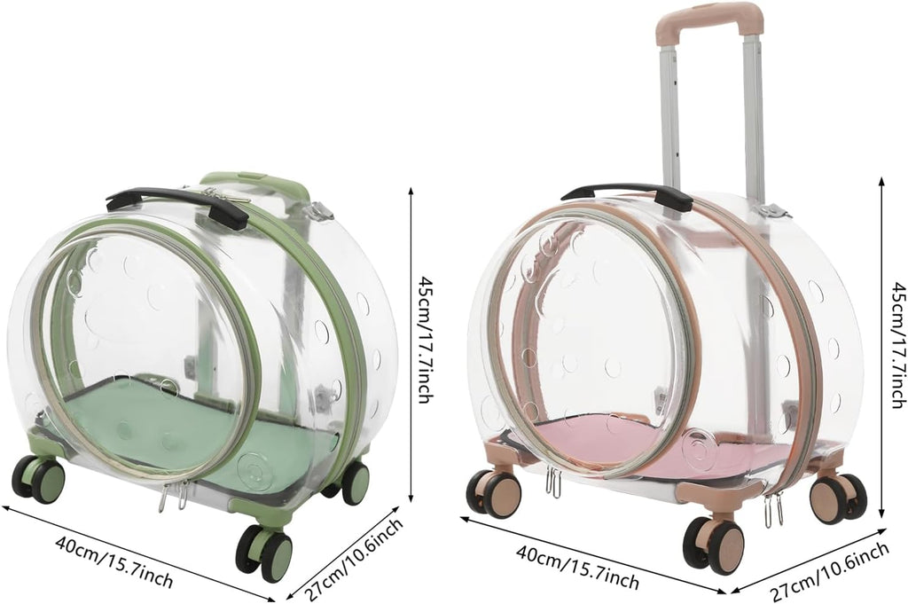 Rolling Cat Carrier Transparent Hard Shell Pet Travel Bag with Wheel(Greem)