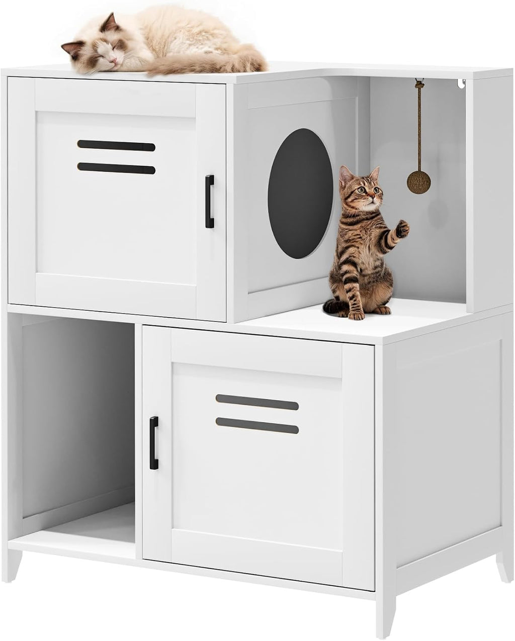 Wooden Cat Litter Box Enclosure Furniture, Double‑Tier Hidden Cat Litter Cabinet with Sisal Hanging Ball & Ventilation H