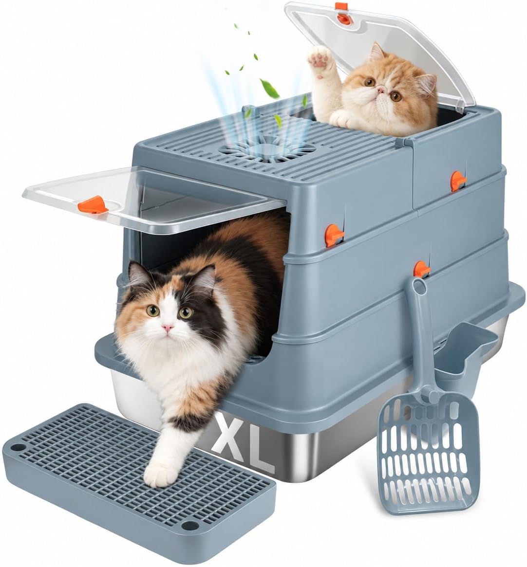 Stainless Steel Cat Litter Box - High Side Pan with Anti-Tracking Step,Rolled Edge & Leak-Proof Base,Cover,Scoop,Anti-Sl