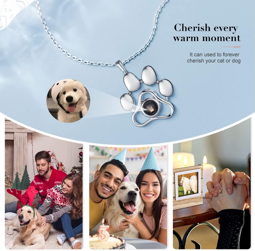OPALSTOCK Personalized Pet Photo Necklace, Custom Photo Charm Projection Necklace Dog Cat Paw Pendant Pet Memorial Jewel