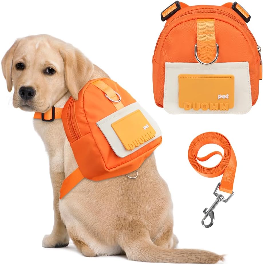 Dog Backpack Harness with Leash,Cute Pet Puppy Backpacks Bulid-in Dog Poop Bag Dispenser,Adjustable Pets Self Carrier Ba