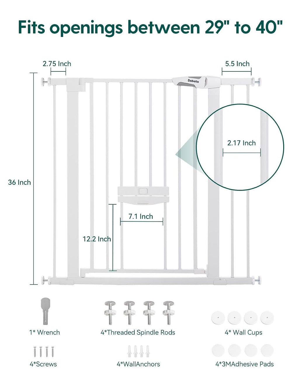 Babelio 36" Tall Pet Gate with Cat Door, CatPrivilege II, 29-40", White