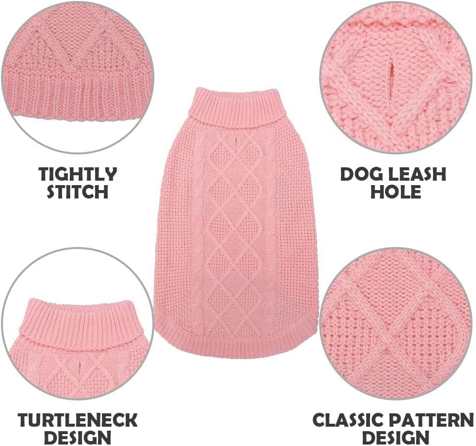Mihachi Turtleneck Dog Sweater - Winter Coat Apparel Classic Cable Knit Clothes with Leash Hole for Cold Weather, Ideal 
