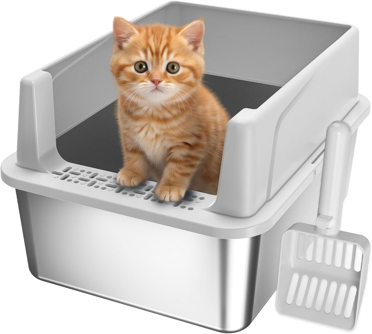 AIPERRO Stainless Steel Litter Box with Lid | XL Metal Enclosed Cat Litter Boxes with High Sided for Big Cats | Anti-Uri