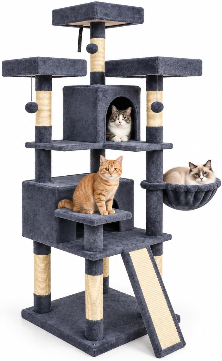 66" Tall Cat Tree Tower with Scratch Board, 3 Perches, Beige