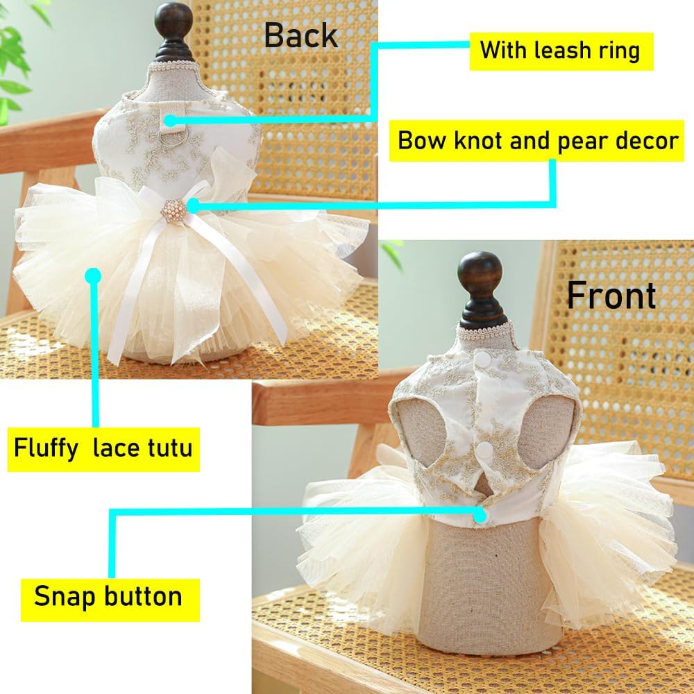 Fancy Dog Dresses with Leash Ring, Embroidered Dog Wedding Dress, Bow Puppy Clothes for Small pet Girl Multi-Layer Lace 