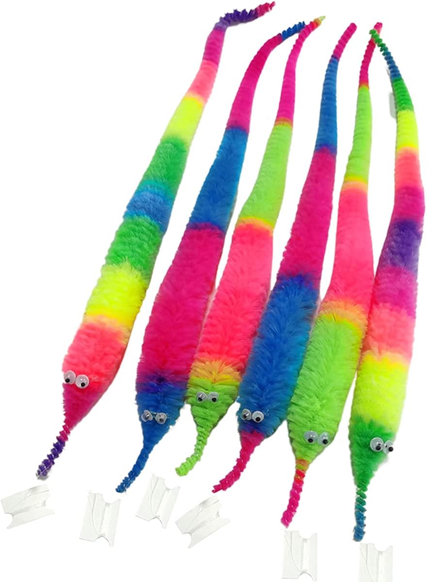 SHENGSEN Rainbow Fuzzy Worm Toys Tricky Worms on String Bulk,6 Pack