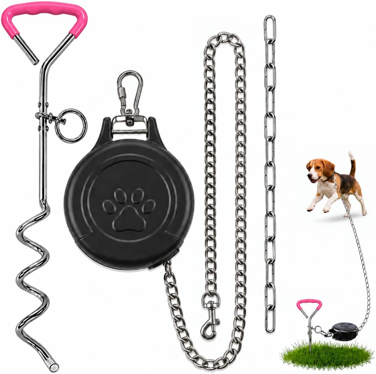 37 FT Retractable Dog Tie Out with Heavy-Duty Ground Anchor, Blue Handle