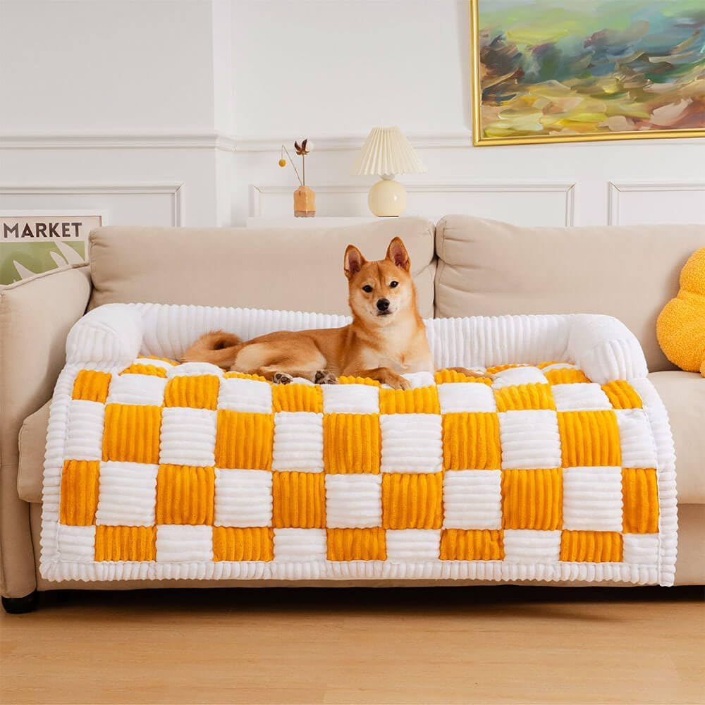 Checkerboard Dog Couch Mat with Bolster, Yellow, 37 x 33 in