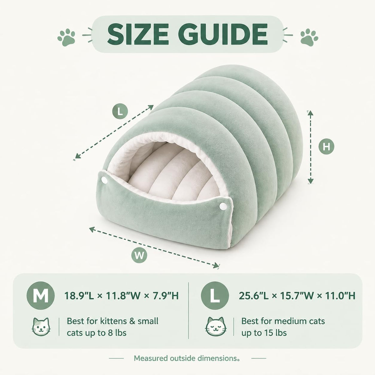 Hooded Cat Cave Bed with Removable Washable Cushion, Warm Plush，Green：M:18.9 x 11.8 x 7.9 inch