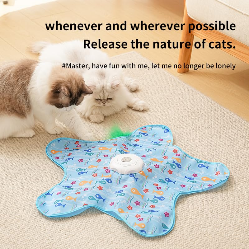 AQPU Rechargeable Automatic Cat Toy, 3-Mode Touch-Activated Interactive Toy with Random Motion, Concealed Feather & Squeaky Sound for Indoor Cats & Kittens (Blue)