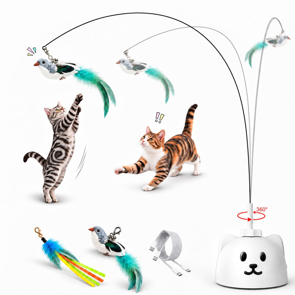 Interactive Cat Toys for Indoor Cats, 360° Automatic Spin Flying Bird Wand