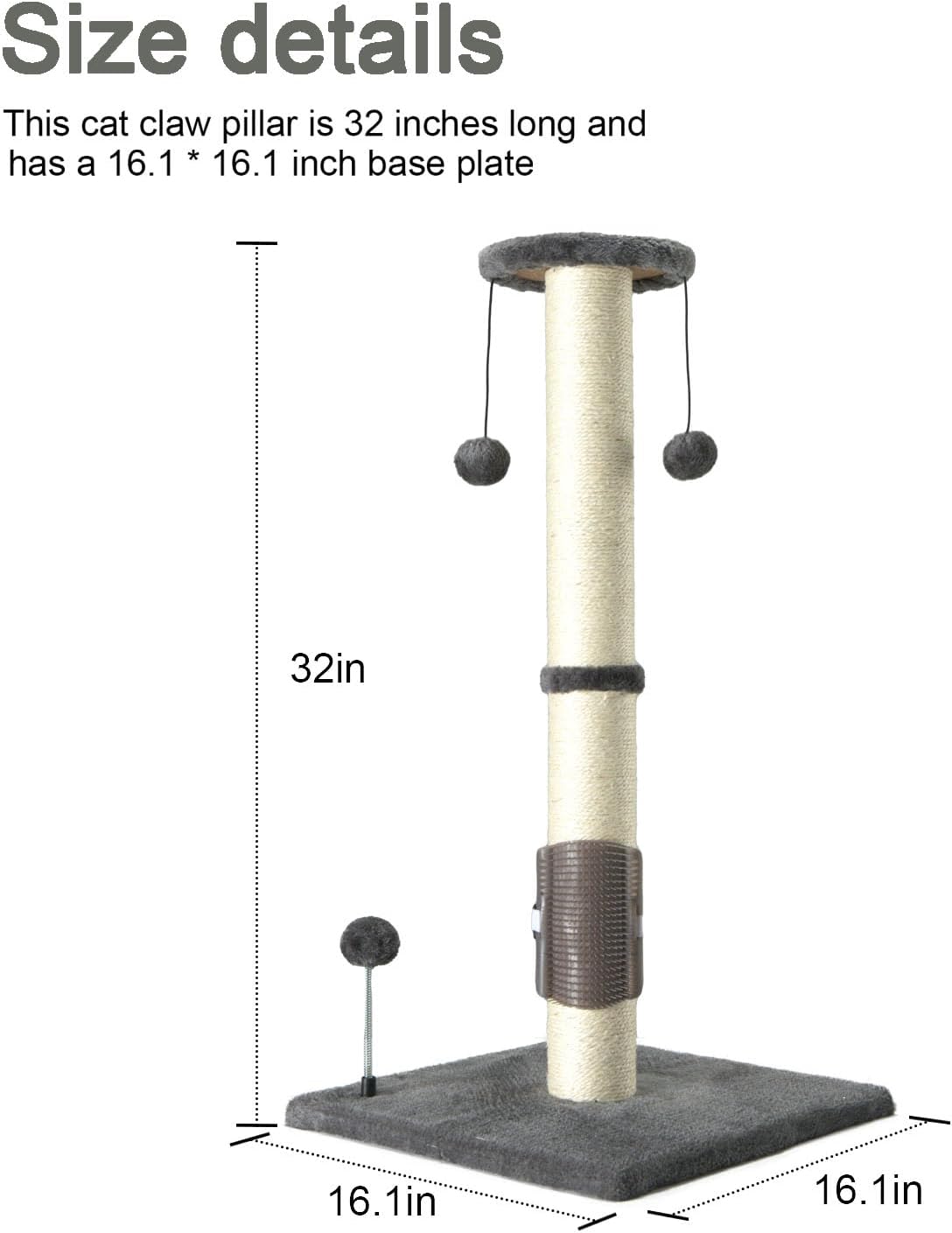 PEEKAB 32" Tall Cat Scratching Post Sisal Scratch Posts,with Hanging Ball and Self-Massage Brush Vertical Scratcher for 